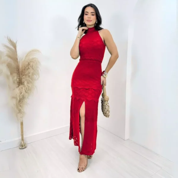 Vestido Longo Tricot Linha Golinha Alta Elegante Atemporal para Praia ou Cidade - Imagem 4
