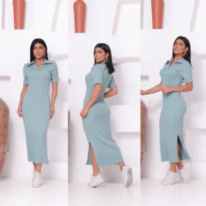 vestido feminino gola polo longo Anaruga canelado
