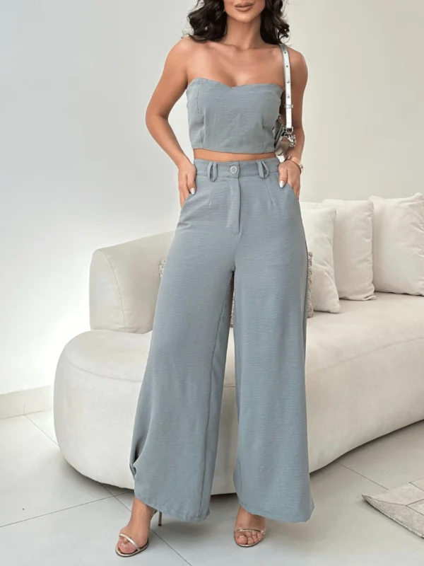 Conjunto Feminino Elegante Calça Pantalona Cintura Alta e Cropped em Duna - Imagem 4