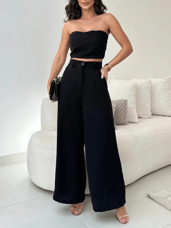 Conjunto Feminino Elegante Calça Pantalona Cintura Alta e Cropped em Duna - Imagem 2