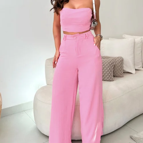 Conjunto Feminino Elegante Calça Pantalona Cintura Alta e Cropped em Duna