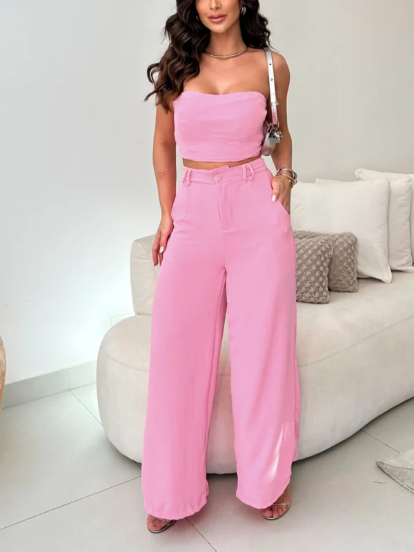 Conjunto Feminino Elegante Calça Pantalona Cintura Alta e Cropped em Duna